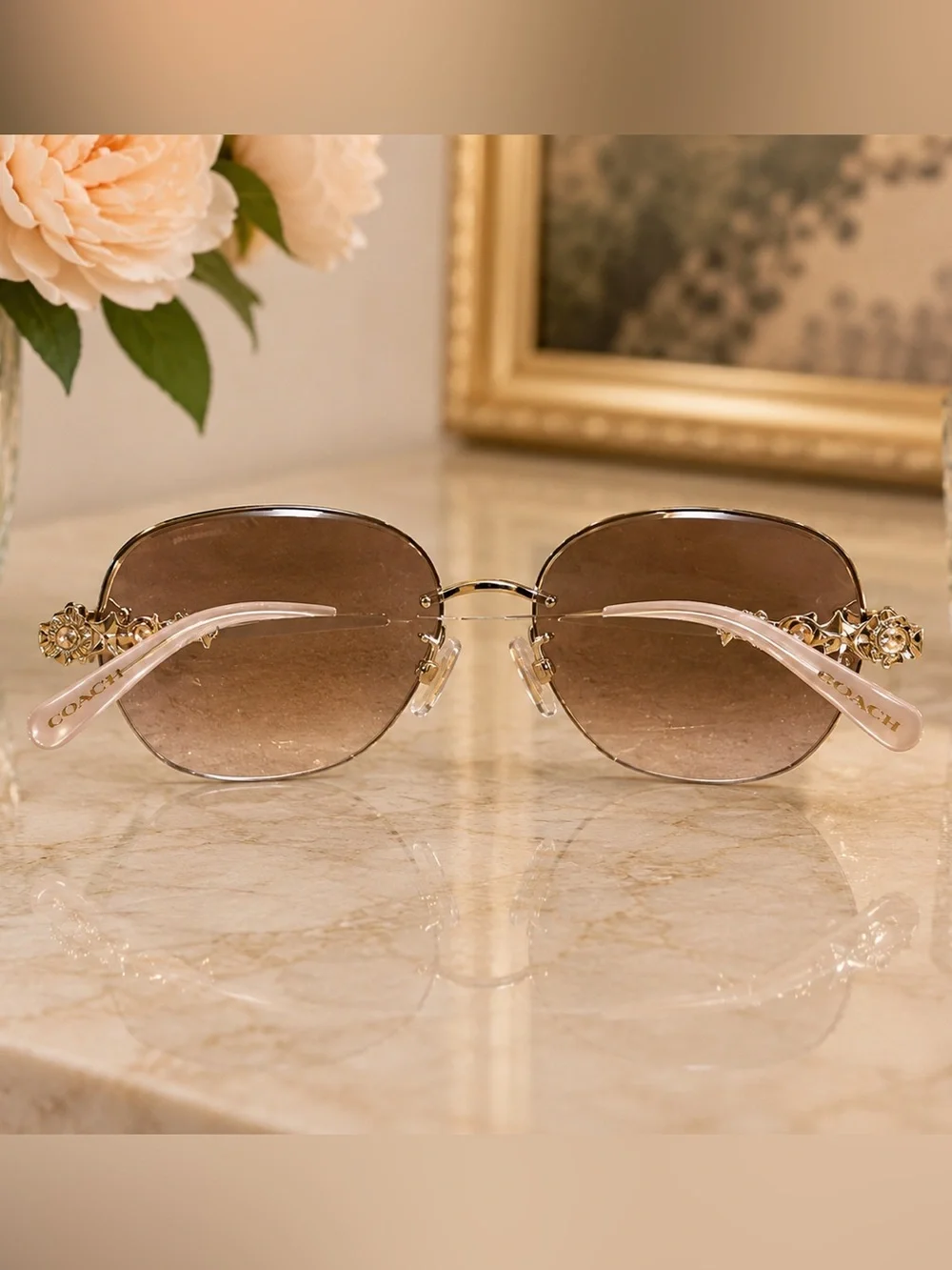 Coach Gold Rimless Brown Gradient Sunglasses